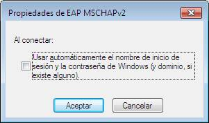 Dentro de EAP-MSCHAP v2, pulsamos "configurar" y desmarcamos la casilla "usar automáticamente el nombre de inicio de sesión y la contraseña de windows".
