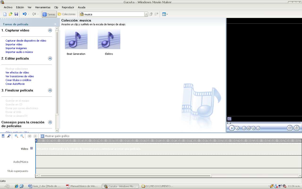 Capturar audio o música Hacer clic en importar audio o música ubicado en el panel de tareas de película.