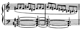 En ambos casos encontramos a la viola interpretando un arpegio de séptima disminuida y al violín segundo, en el primer ejemplo, y violín primero, en el segundo ejemplo, tocando los primeros