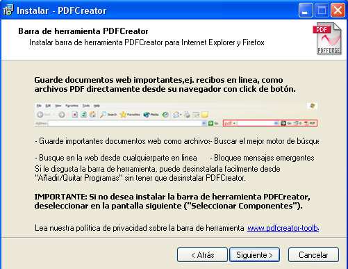 Instalar la barra de herramientas de PDF Creator, se debe hacer click en : La barra