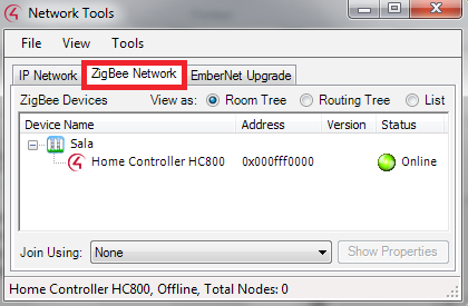 9. Por ultimo nos dirigimos a la opción Tools-> Network Tools y en la pestaña ZigBee Network esperamos hasta que el nuevo controlador