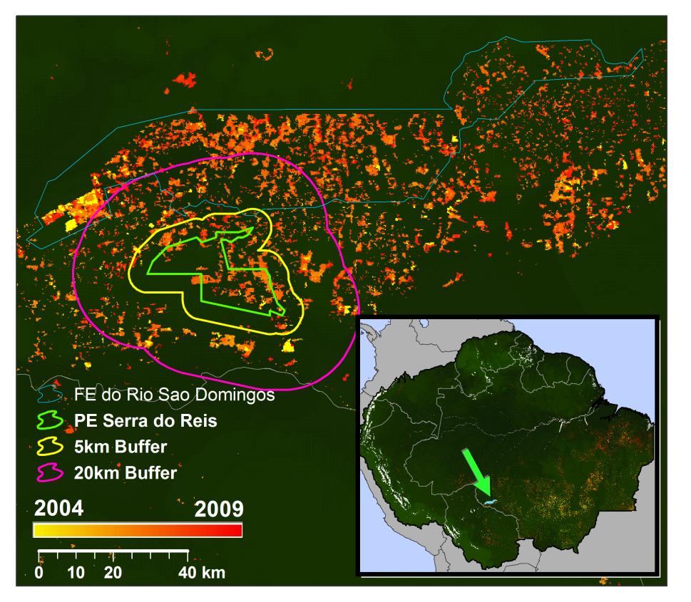 Como se muestra en la gráfica el parque estadual Serra do Reis en el estado de Rondonia en la Amazonia Brasileña, la estación ecológica Rio Preto en el estado de Bahia en Brasil en límites con el