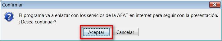 Después de hacer clic en Siguiente aparece un aviso indicando que va a conectar con la página de la Agencia Tributaria, haga clic en Aceptar. Se abre el navegador configurado como predeterminado.
