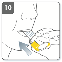 Perfore la cápsula: Sujete el inhalador en posición vertical con la boquilla hacia arriba. Perfore la cápsula presionando firmemente ambos pulsadores al mismo tiempo.