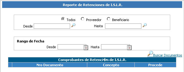 Página 116 Mes: Se selecciona el mes a mostrar las retenciones de ISLR aplicadas. Fecha desde/hasta: Se selecciona el intervalo de fechas a mostrar en el reporte.