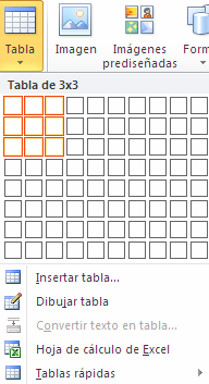 Crear tablas Se puede crear una tabla de tres formas equivalentes, todas están en la pestaña Insertar, seleccionar dentro de una cuadrícula las filas o columnas,