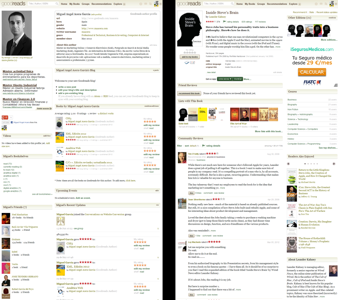 Figura 4. En el lado izquierdo, página de autor. En el lado derecho, página de un libro con reseña, características, valoración y comentarios de lectores, lugares de venta online.