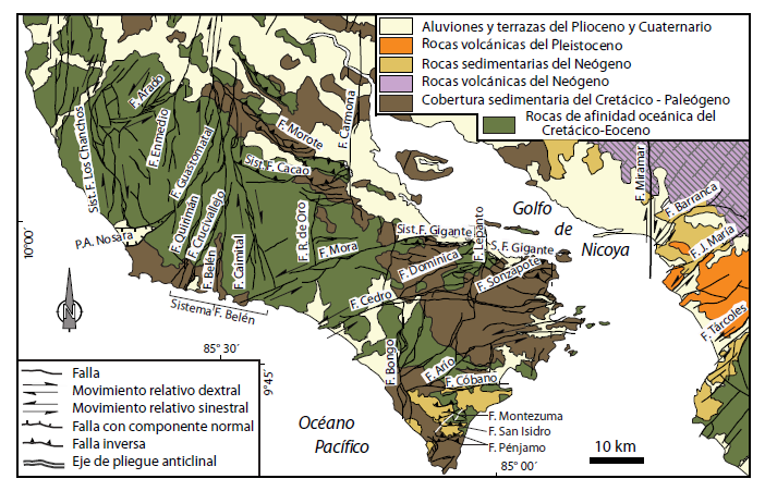 Fig.6: Geología y sistema de fallas neotectónicas de la península de Nicoya y de la margen oriental del golfo de Nicoya 1 Parada 1: Poblado Lepanto.