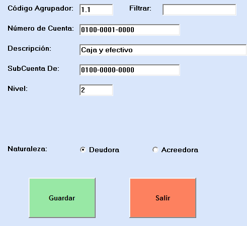 Botones de la pantalla principal. El botón muestra las cuentas contables estándar del SAT, aquí se podrá dar de alta una cuenta con solo la tecla de más (+).