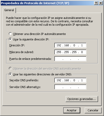 Figura 3. Configuración tarjeta de red para la red interna. La configuración de la red interna no debe tener default Gateway.