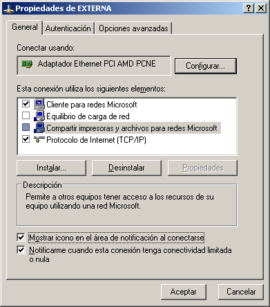 Figura 5. Desactivación opción compartir impresoras y archivos para redes Microsoft.