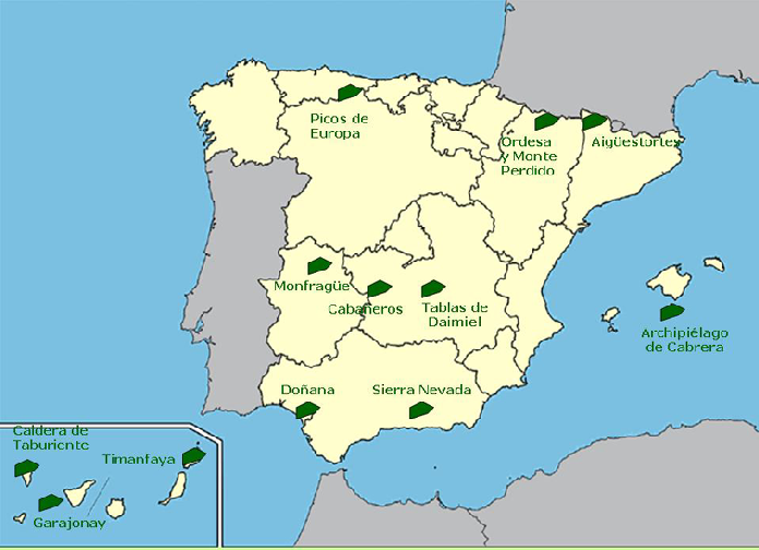 Sierra Nevada en Granada (Andalucía). Archipiélago de Cabrera en Baleares.