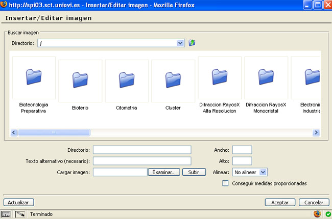 14. Insertar imagen La opción de insertar imagen permitirá: Seleccionar una imagen que ya se encuentre almacenada en el servidor.