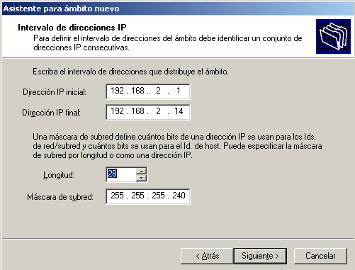 6- Escribe el nombre del servidor dhcp, y una descripción que exprese la finalidad del mismo. 7- Introduce el intervalo de direcciones IP que el servidor asignará.
