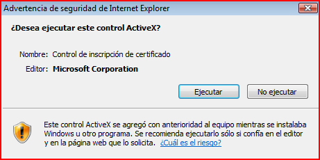En algunos equipos el navegador Web envía un mensaje para ejecutar un Control ActiveX,