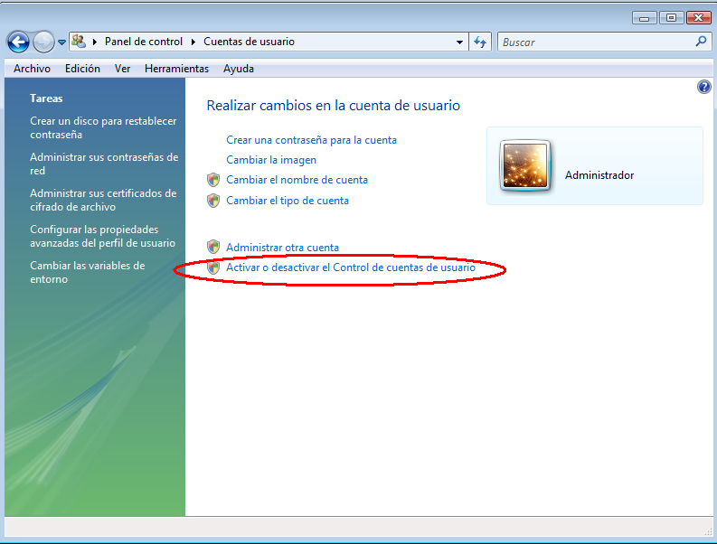 Desactivar control de cuentas de usuario Antes de la instalación de Emprendiendo Proyecto Empresarial en Windows Vista, se debe desactivar el Control de Cuentas de Usuario (UAC).
