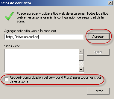 4) Se deschequeará la opción Requerir comprobación del servidor (https:) para todos los sitios de esta zona, posteriormente se irán introduciendo una a una las direcciones y se pulsará en el botón