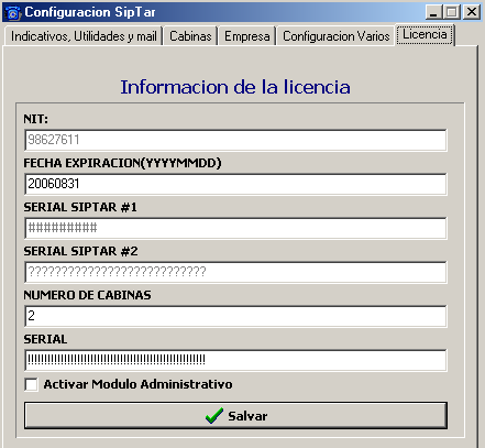 Licencia: En este modulo se configura los ítems que tendrá en cuenta el SipTar como parámetros de la licencia.