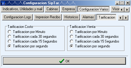 Configuración Tarificación: Esta funcionalidad permite configurar el SipTar para que facture en diferentes intervalos de tiempo, esto permite facturar por minuto o cada 30