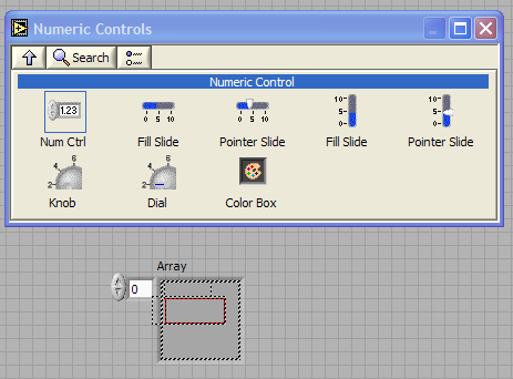 Arrays Para añadir elementos se arrastra un control o un indicador dentro del array y se redimensiona. No es posible añadir dentro del array controles inválidos.
