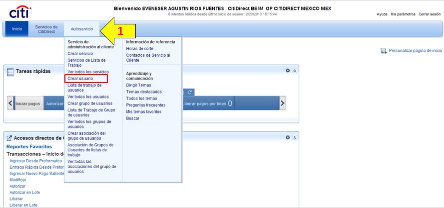 2. Administración de Usuarios Creación de usuarios 1. Señala la opción Autoservicio de la barra de menú y selecciona la opción Crear usuario. 2.
