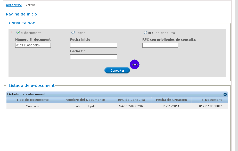 La opción por e-document, mostrará como resultado únicamente el registro que tenga el número de