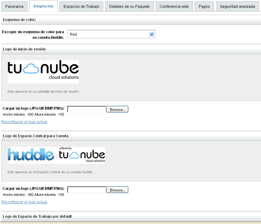 Si su empresa ha seleccionado esta opción, entonces esta pestaña es donde usted puede personalizar la apariencia de la aplicación y reemplazar los Logos de Tunube y Huddle en todo el sitio.