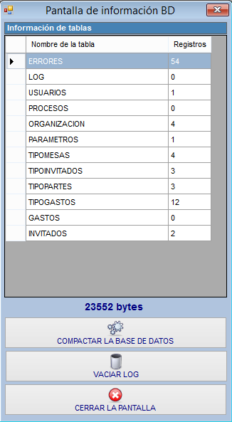 Esta pantalla permite ver los registros insertados en cada una de las tablas de la base de datos.