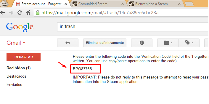 3. Es probable que Steam envié un código de seguridad al correo electrónico, para confirmar que realmente eres
