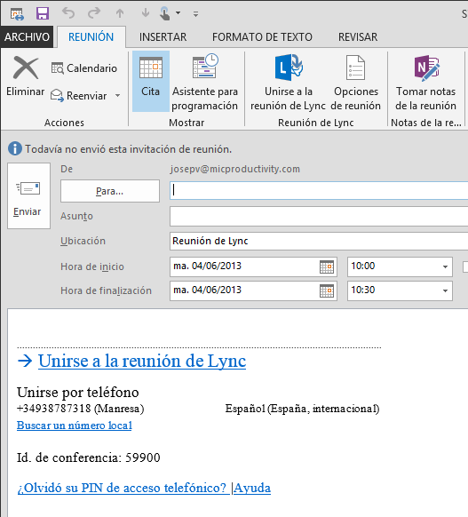 Lync. Convocatoria con Outlook 2013 Enlace de acceso a la reunión Acceso a través de navegador web Unirse a la