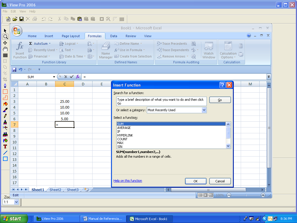 Usando formulas en Excel: Insert Function Usando formulas en Excel. Vamos a ilustrar un ejemplo en donde definimos una simple sumatoria en Excel.