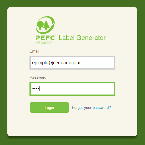 Login Para iniciar una sesión, vaya a http://label.pefc.org e ingrese sus datos de acceso, correo electrónico y palabra clave.