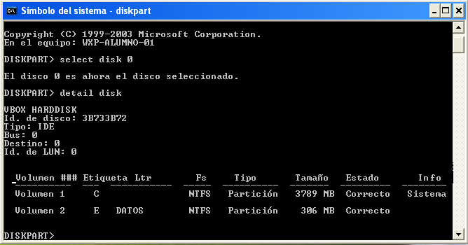 21. Ahora seleccionaremos el disco 0 y veremos su tabla de particiones. select disk 0 detail disk 22. Para salir del comando diskpart lo hacemos con exit.