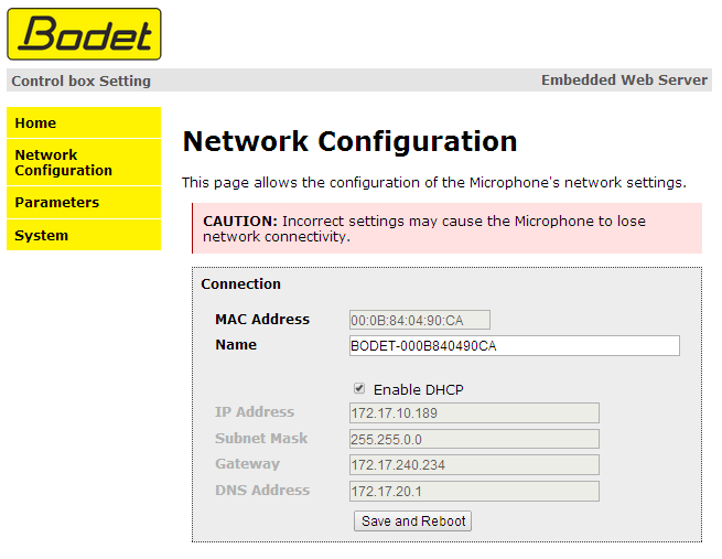 4.2 Página configuración red Esta página facilita la configuración de la caja de control en la red.