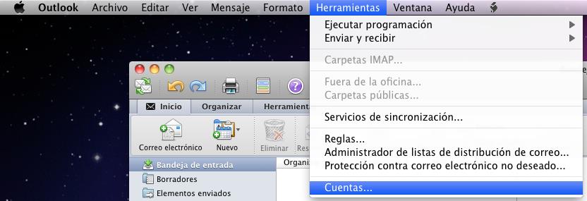 Ajuste de configuración de cuenta y servidor 1. Acceda a la aplicación Microsoft Outlook 2011. 2. Ingrese al menú Herramientas ubicado en la barra de menú. 3. Seleccione Cuentas (ver Figura 1).