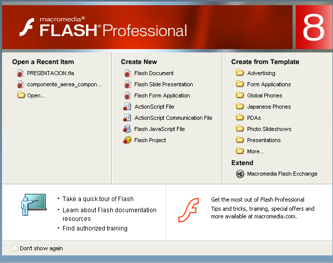 1.1 Interfaz de Flash Al iniciar Flash se muestra la siguiente pantalla en la cual podremos escoger el tipo de proyecto que se va a desarrollar, para el