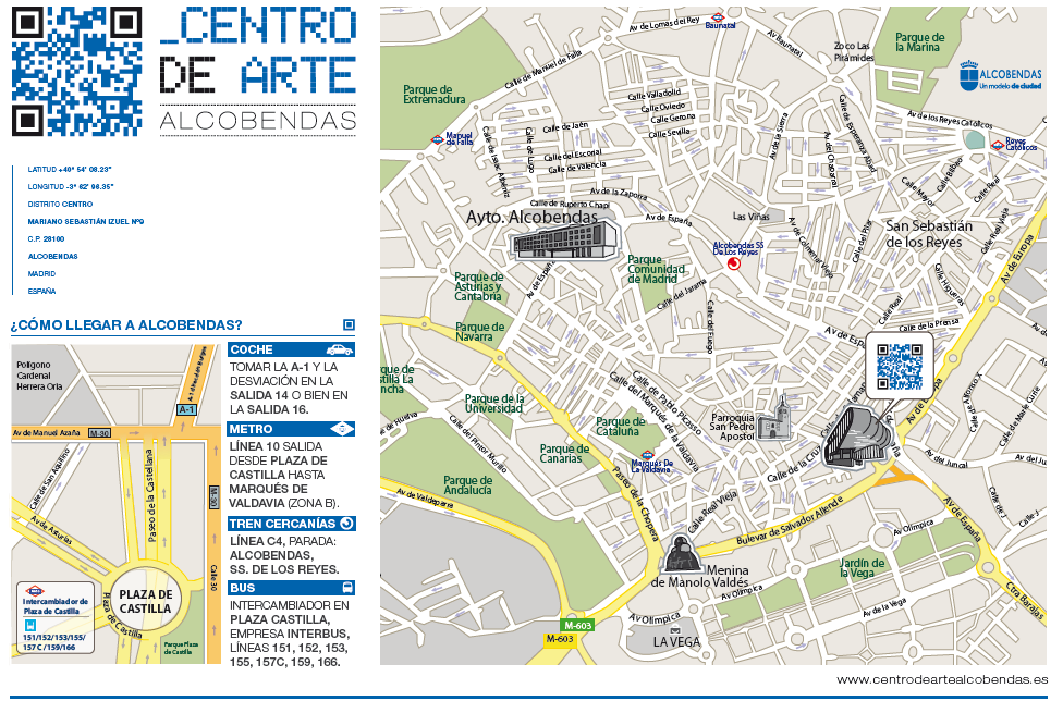 Cómo Llegar El Centro de Arte Alcobendas cuenta con una comunicación privilegiada, a 10 minutos andando desde las estaciones de tren de Cercanías o Metro, y a menos de 3 minutos de paradas de autobús