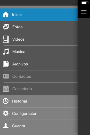 Usa el botón para explorar todas las opciones de Terabox: Inicio Fotos Videos Músicas