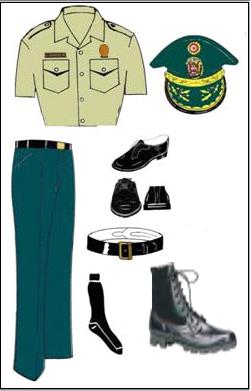 Uniforme Número 7 b : SERVICIOS POLICIALES EXTRAORDINARIOS (Verano) Material: Lanilla color verde azulino Descripción: Varones y Damas: 1. Pantalón / falda 2. Camisa manga corta color beige 3.