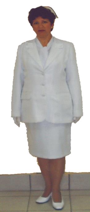 DE SANIDAD POLICIAL (ENFERMERAS) Material: Poliviscosa de color blanco Descripción: 1. Saco. 2. Falda. 3. Blusa con lazo, de seda color blanco. 4.