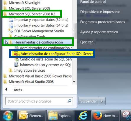 Para ello en ordenadores equipados con Windows XP: Para abrir el Administrador de Configuración de SQL Server en ordenadores equipados con Windows 7: Clic en