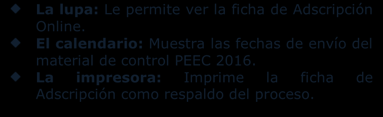 Otro medio de verificación es en Portal PEEC en la opción Adscripción Online: 2016 13/10/2015 Felicitaciones, ya está participando en el PEEC 2016.