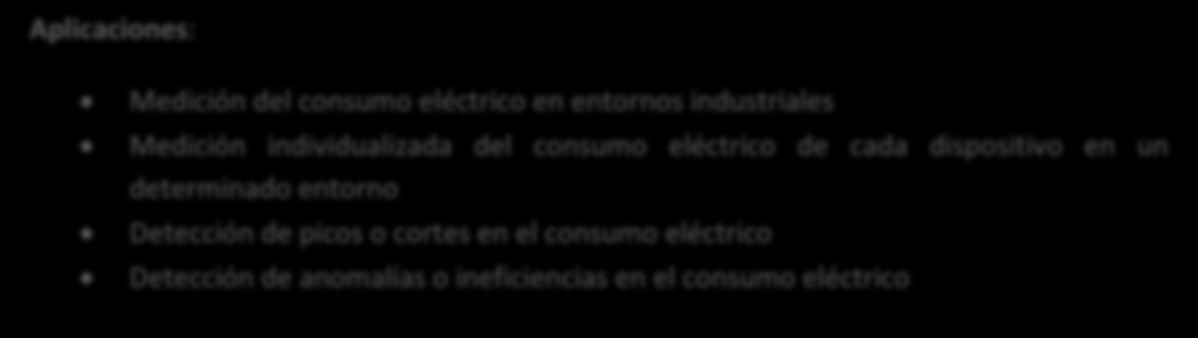 Consumo eléctrico Aplicaciones: Medición del consumo eléctrico en entornos industriales Medición individualizada del consumo eléctrico de cada dispositivo en un determinado entorno Detección de picos