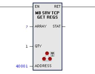 El componente MbServGetRegisters devuelve en ARRAY el valor de QTY registros leídos a partir de la dirección especificada por la entrada ADDR.