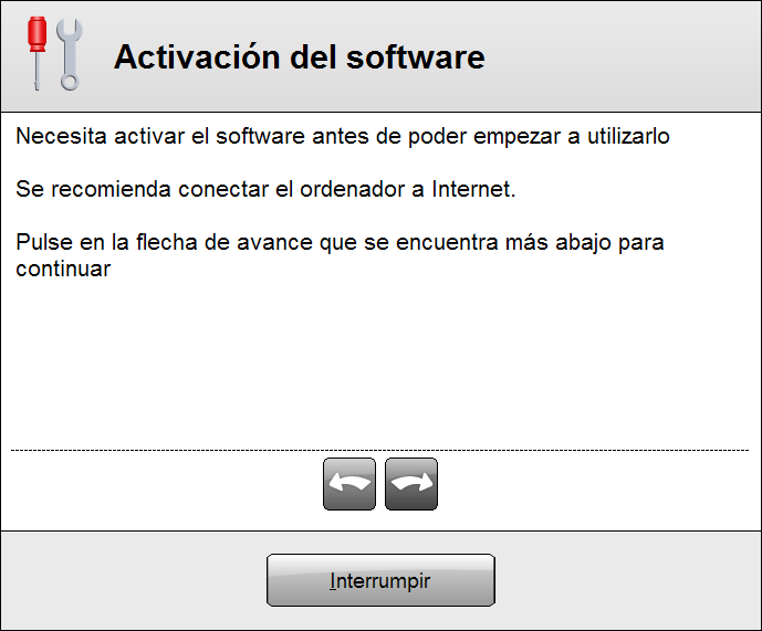 Pantalla de inicio Informa al usuario que debe activar el software.