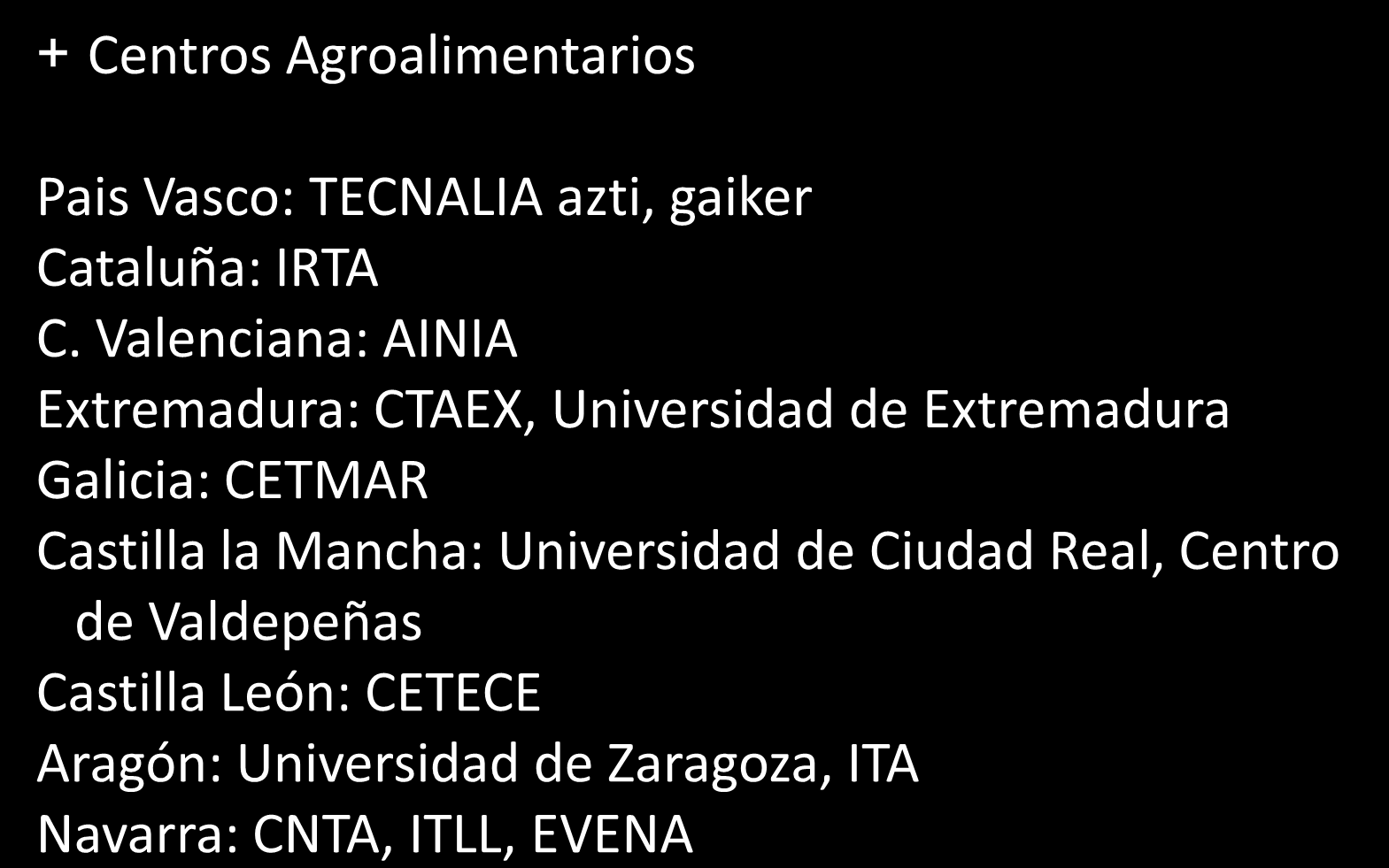Principales Centros Tecnológicos en España + Centros Agroalimentarios Pais Vasco: TECNALIA azti, gaiker Cataluña: IRTA C.
