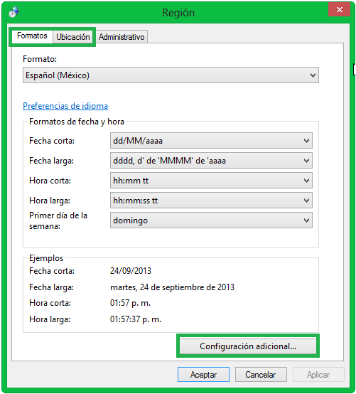 Al activar la opción Región Windows presenta la ventana solicitada y aquí se deben verificar las fichas Formatos y Ubicación las cuales deben estar configuradas a Español (México) y México