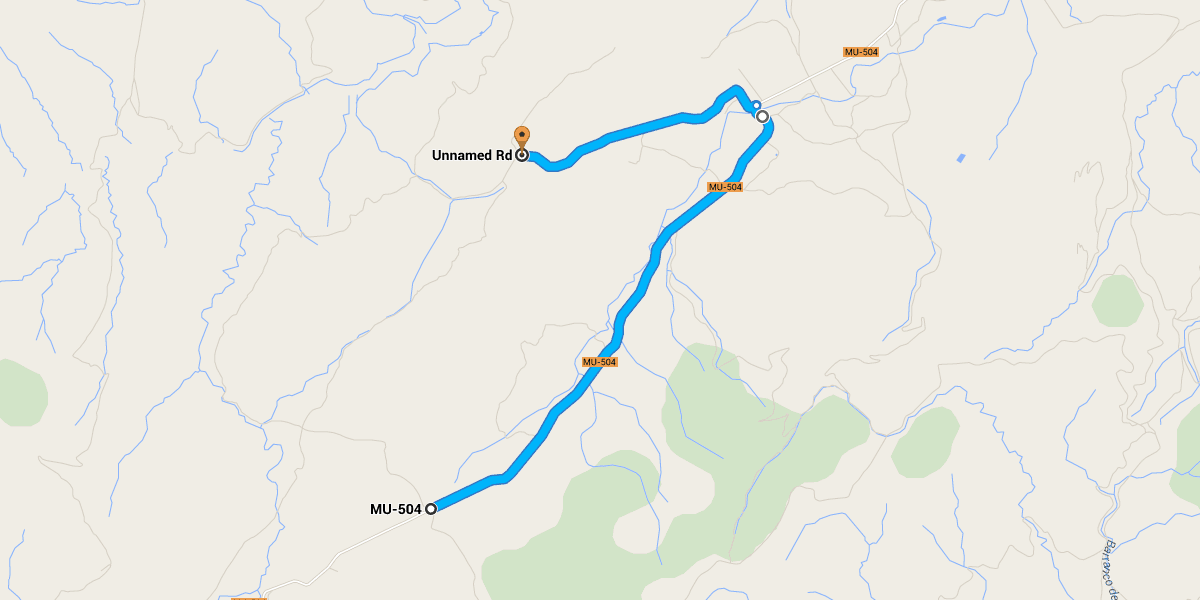 En coche 6,3 km, 14 min Indicaciones de MU-504 a Unnamed Rd MU-504 1. Dirígete hacia el sur hacia MU-504 5 m 2. Gira a la izquierda hacia MU-504 4,2 km 3.