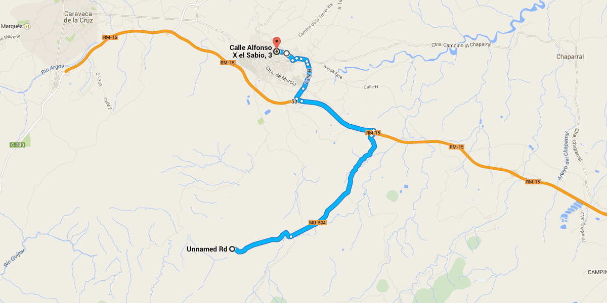 En coche 11,4 km, 21 min Indicaciones de Unnamed Rd a Calle Alfonso X el Sabio, 3 Unnamed Rd Dirígete hacia el este hacia MU- 504 2,0 km/9 min Sigue por MU-504.