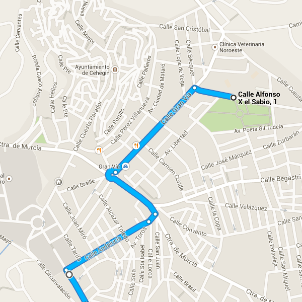 3. En la rotonda, toma la quinta salida en dirección Ctra. de Murcia 280 m Conduce hasta tu destino. 3,8 km/10 min 4. Gira a la derecha hacia Av. Toros 38 m 5.